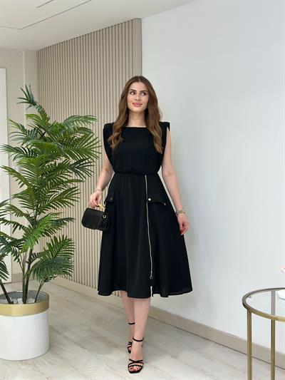 Fermuar Detaylı Vatkalı Krep Elbise Siyah