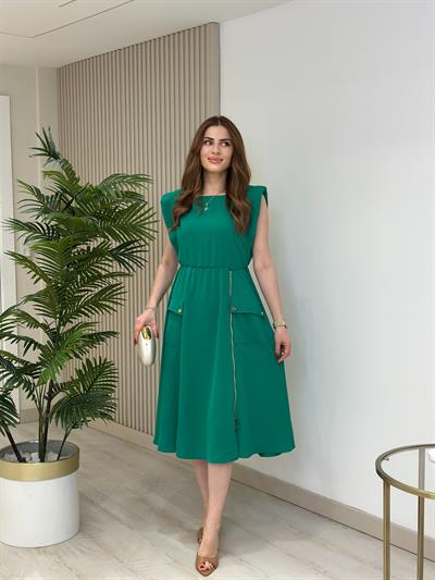 Fermuar Detaylı Vatkalı Krep Elbise Yeşil