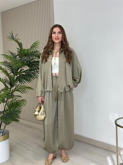 Fermuarlı Bomber Saten Ceket Haki