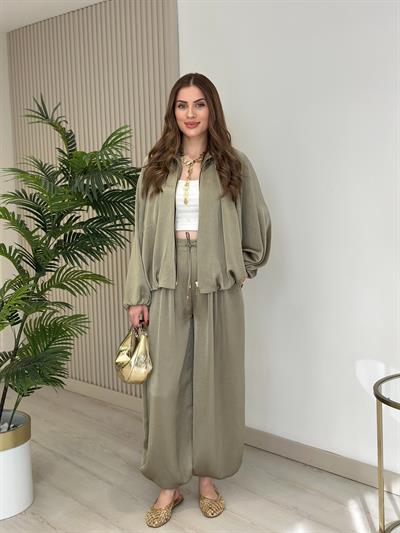 Fermuarlı Bomber Saten Ceket Haki