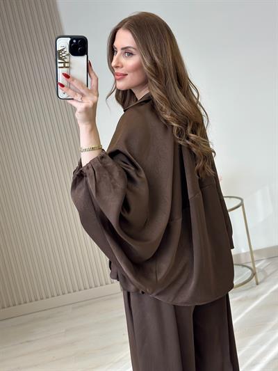 Fermuarlı Bomber Saten Ceket Kahve