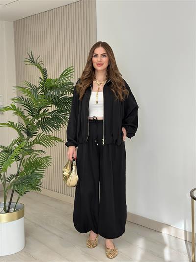 Fermuarlı Bomber Saten Ceket Siyah