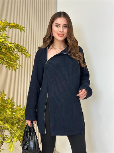 Fermuarlı Oversıze Uzun Kazak Lacivert
