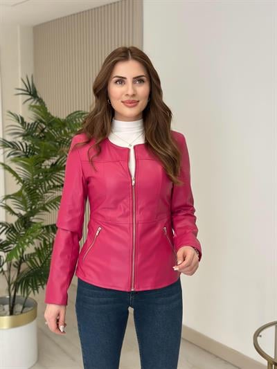 Fermuarlı Sıfır Yaka Marka Model Deri Mont Fuşya