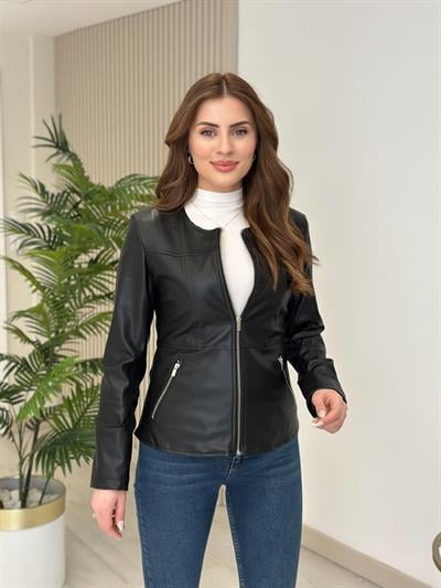 Fermuarlı Sıfır Yaka Marka Model Deri Mont Siyah
