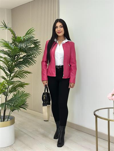 Fermuarlı Sıfır Yaka Marka Model Deri Mont Fuşya