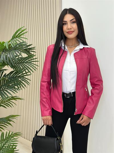 Fermuarlı Sıfır Yaka Marka Model Deri Mont Fuşya