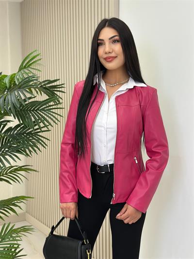 Fermuarlı Sıfır Yaka Marka Model Deri Mont Fuşya