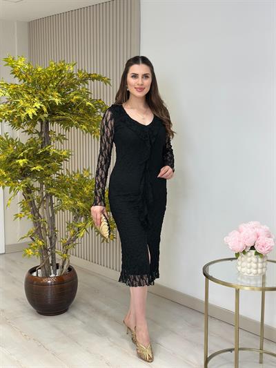 Fırfır Detaylı Güpür Elbise Siyah