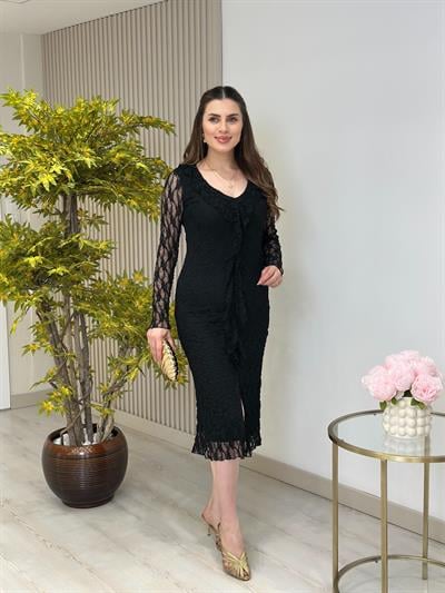 Fırfır Detaylı Güpür Elbise Siyah