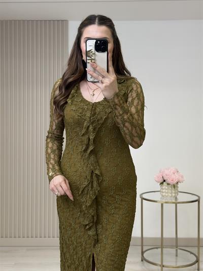 Fırfır Detaylı Güpür Elbise Yağ Yeşil