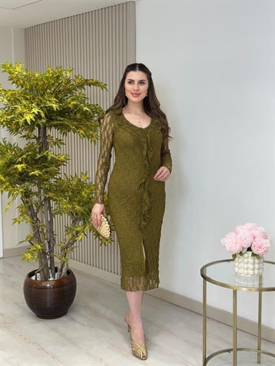 Fırfır Detaylı Güpür Elbise Yağ Yeşil