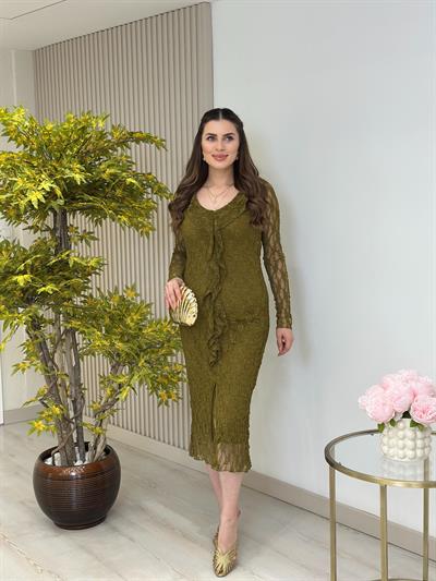 Fırfır Detaylı Güpür Elbise Yağ Yeşil