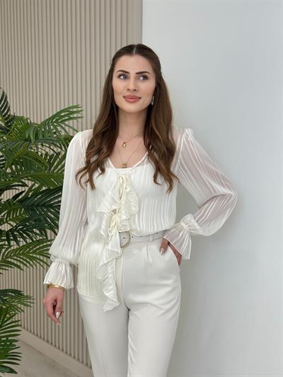 Fırfırlı Bağlamalı Bluz Beyaz