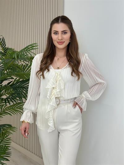 Fırfırlı Bağlamalı Bluz Beyaz