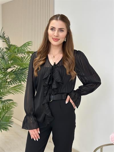 Fırfırlı Bağlamalı Bluz Siyah