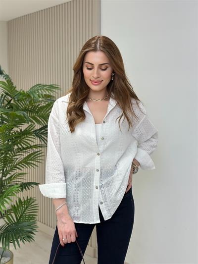 Fisto İşlemeli Cotton Gömlek Beyaz