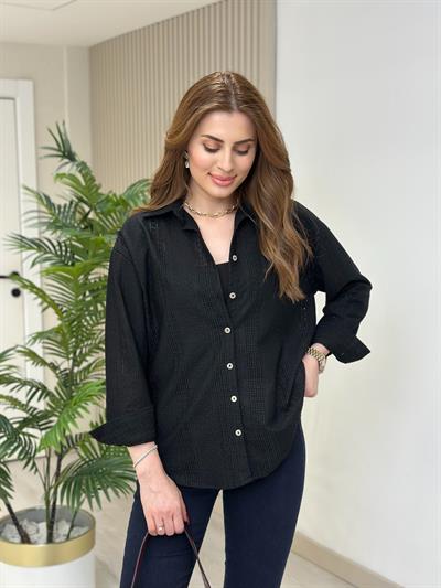 Fisto İşlemeli Cotton Gömlek Siyah