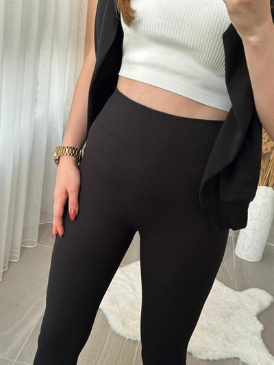 Fitilli İçi Sıvama Şardonlu Yüksek Bel Tayt Siyah