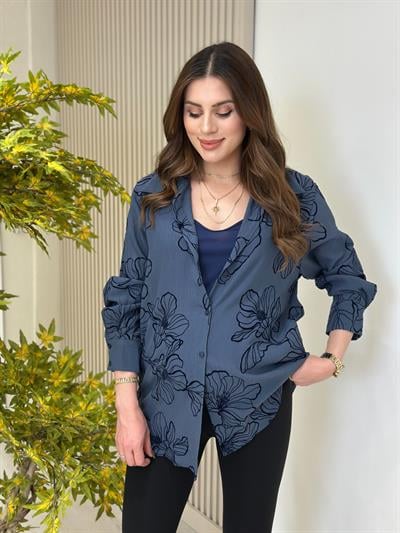 Flok Baskılı Atletli Gömlek İndigo Mavi