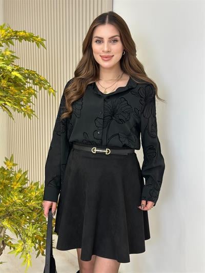 Flok Baskılı Atletli Gömlek Siyah