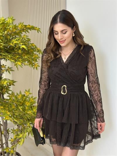 Flok Baskılı Mini Elbise Kahve