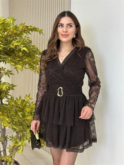 Flok Baskılı Mini Elbise Kahve