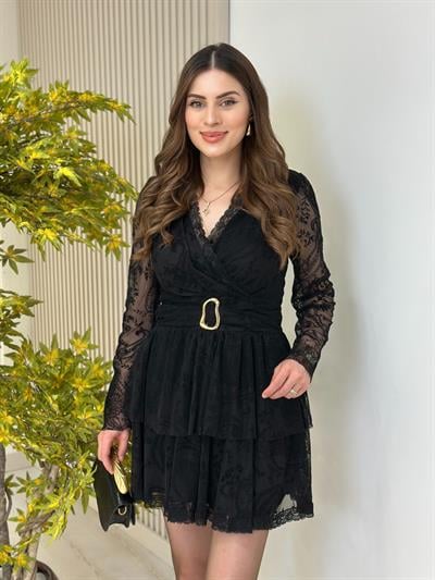 Flok Baskılı Mini Elbise Siyah