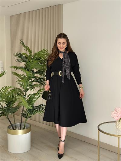 Fular Detaylı Kemerli Krep Kumaş Elbise Siyah