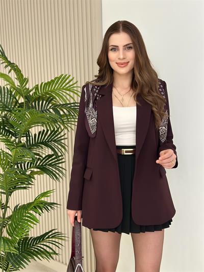 Fular Detaylı Vatkalı Rahat Kalıp Blazer Ceket Mürdüm