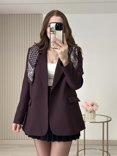 Fular Detaylı Vatkalı Rahat Kalıp Blazer Ceket Mürdüm