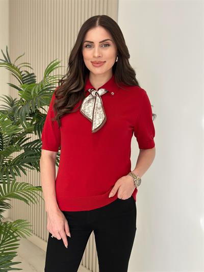 Fularlı Kaşmir Dokulu Triko Kırmızı