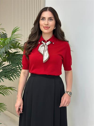 Fularlı Kaşmir Dokulu Triko Kırmızı