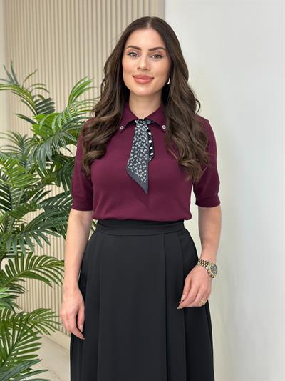 Fularlı Kaşmir Dokulu Triko Mürdüm