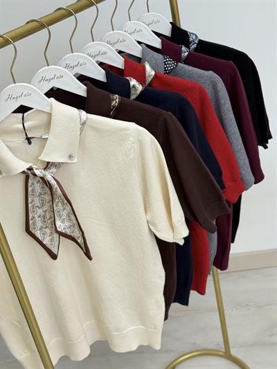 Fularlı Kaşmir Dokulu Triko Mürdüm