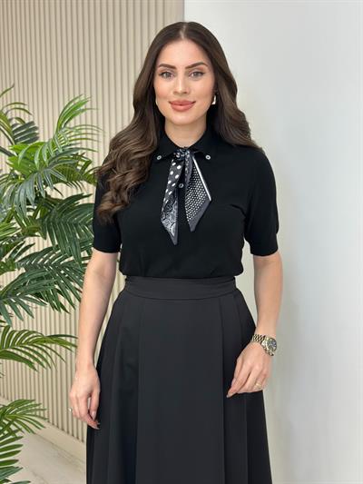 Fularlı Kaşmir Dokulu Triko Siyah