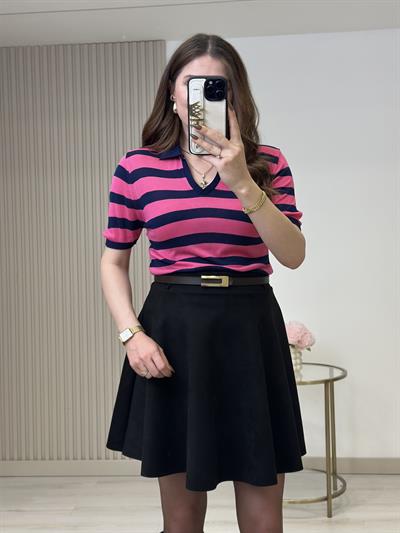 Fuşya Çizgili Polo Yaka Merserize Triko