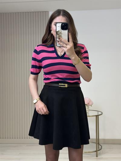 Fuşya Çizgili Polo Yaka Merserize Triko