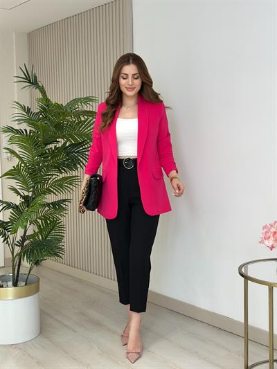 Fuşya Kolu Büzgü Detaylı Blazer Ceket
