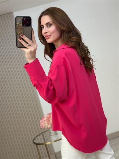 Oversıze İpek Krep Gömlek Fuşya