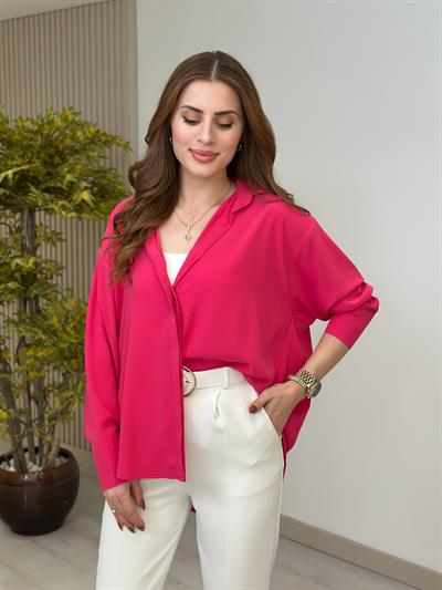 Oversıze İpek Krep Gömlek Fuşya