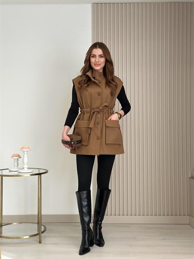 Gabardin Beli Bağlamalı Rahat Kalıp Yelek Kahve