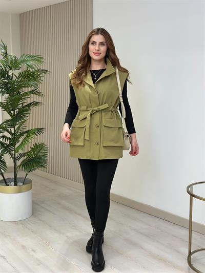 Gabardin Beli Bağlamalı Rahat Kalıp Yelek Yağ Yeşili