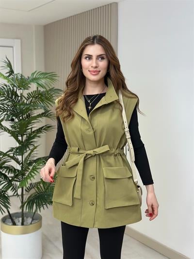 Gabardin Beli Bağlamalı Rahat Kalıp Yelek Yağ Yeşili