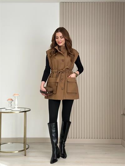Gabardin Beli Bağlamalı Rahat Kalıp Yelek Kahve