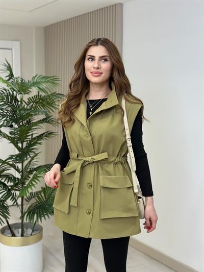 Gabardin Beli Bağlamalı Rahat Kalıp Yelek Yağ Yeşili