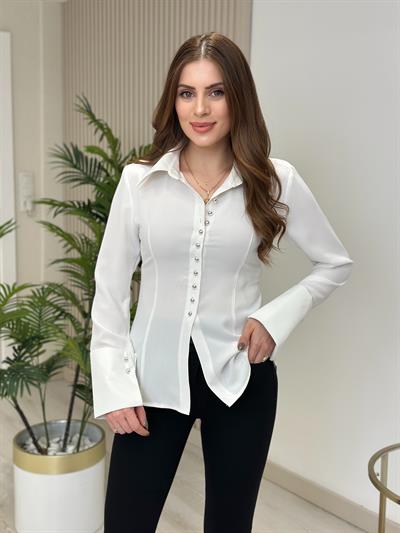 Geniş Manşetli Gümüş Düğmeli Gömlek Beyaz