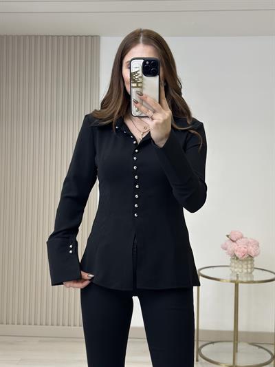 Geniş Manşetli Gümüş Düğmeli Gömlek Siyah