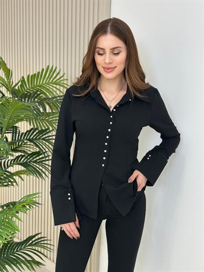 Geniş Manşetli Gümüş Düğmeli Gömlek Siyah