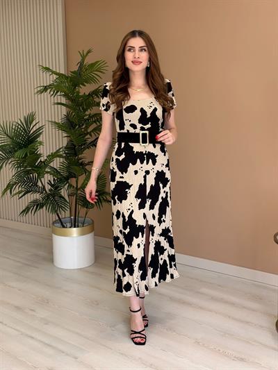 Gofre Kumaş Kemerli Önden Yırtmaç Detaylı Elbise